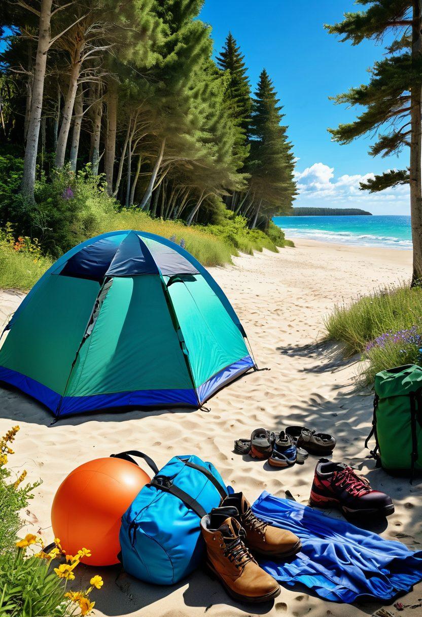 A vibrant summer scene showcasing a beach with golden sands merging into a lush wilderness filled with tall trees and wildflowers. In the foreground, a collection of essential summer gear such as a backpack, a beach ball, hiking boots, and a tent is artistically arranged. The sky is bright blue with fluffy white clouds, capturing the essence of adventure and relaxation. The transition from sunny beach to green lushness should be visually striking. super-realistic. vibrant colors. 3D.